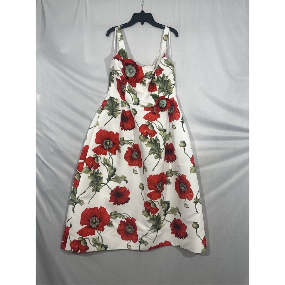 NWD $6000 Oscar de la Renta [ 10‎ ] Poppies Floral Scoop Midi Dress White Red - Picture 4 of 16